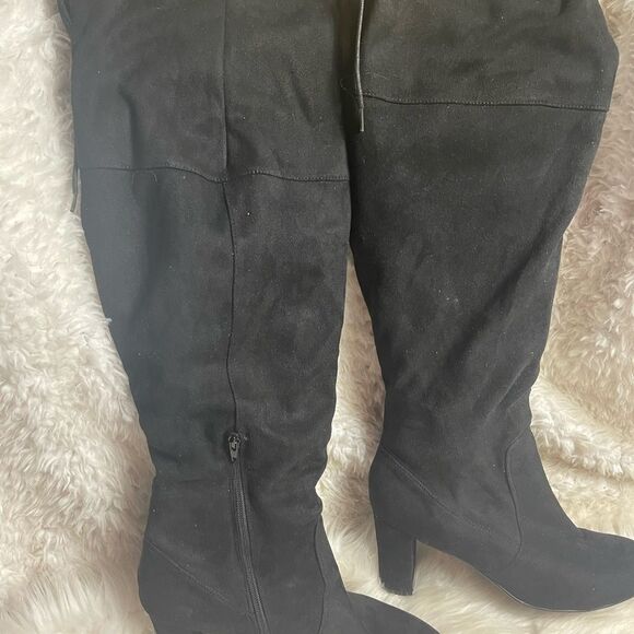 Ashley Stuart Fabric suede Black over the knee wide calf block heels boots SZ12W - Picture 5 of 9